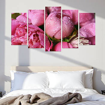 Модульна картина «Рожеві півонії в краплях роси» Ніжний квітковий декор на полотні для інтер’єру 125х70 із 5 частин