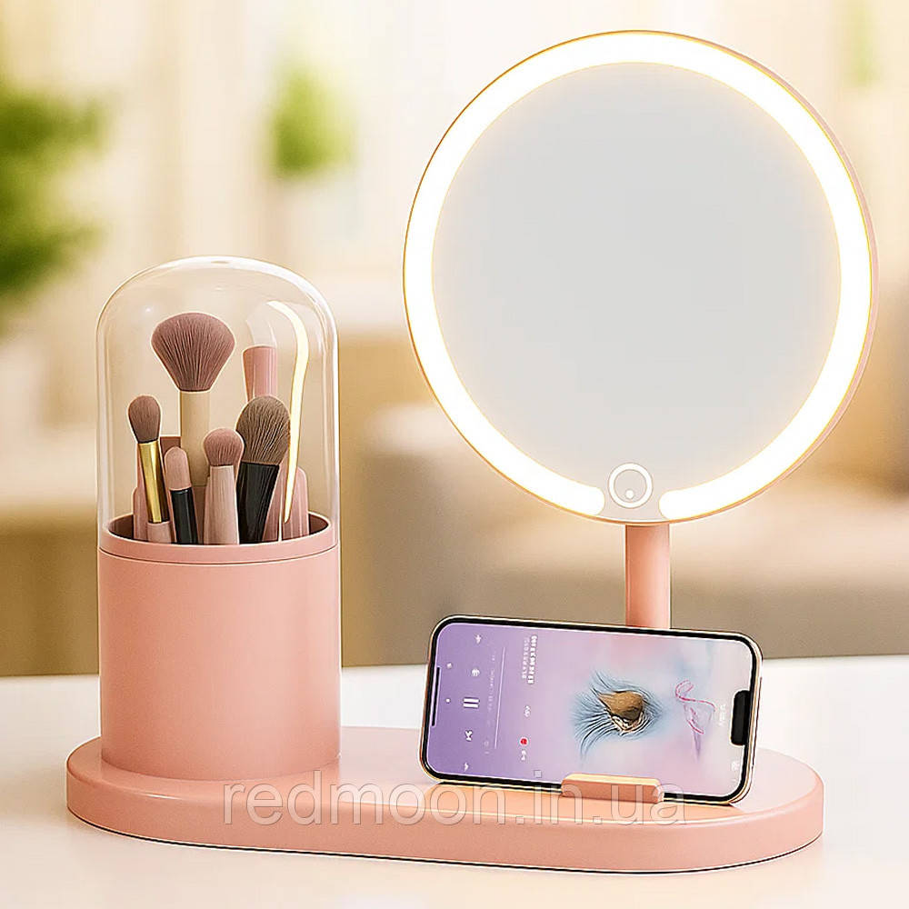 Настільне дзеркало з підсвіткою + підставка для пензлів, від USB, Рожеве / Косметичне дзеркало для макіяжу / Кругле дзеркало, фото 1