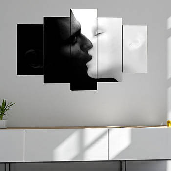 Модульна картина «Чорно-білий поцілунок» Сучасний абстрактний декор з еротичним підтекстом Закохана пара 125х70 із 5 частин