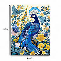 Патріотична картина Синій павич у квітах Красива пташка у синьо-жовтих кольорах Друк на полотні 30х23 см, фото 4