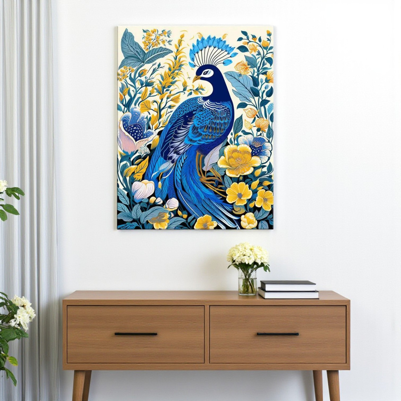 Патріотична картина Синій павич у квітах Красива пташка у синьо-жовтих кольорах Друк на полотні 30х23 см, фото 1