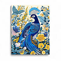 Патріотична картина Синій павич у квітах Красива пташка у синьо-жовтих кольорах Друк на полотні 30х23 см, фото 2