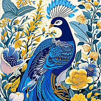 Патріотична картина Синій павич у квітах Красива пташка у синьо-жовтих кольорах Друк на полотні 30х23 см, фото 3