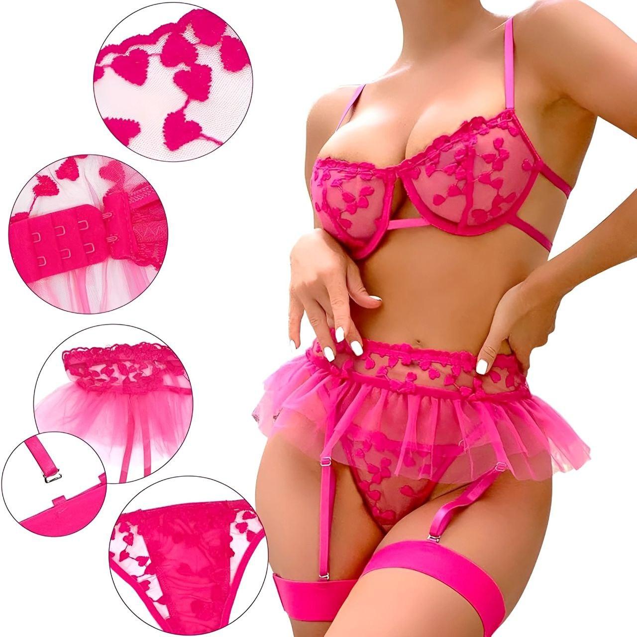 Жіночий комплект Яскрава спідньої білизни мереживом сердечка пояс-спідничка оборками з підтяжками фуксія S, фото 1