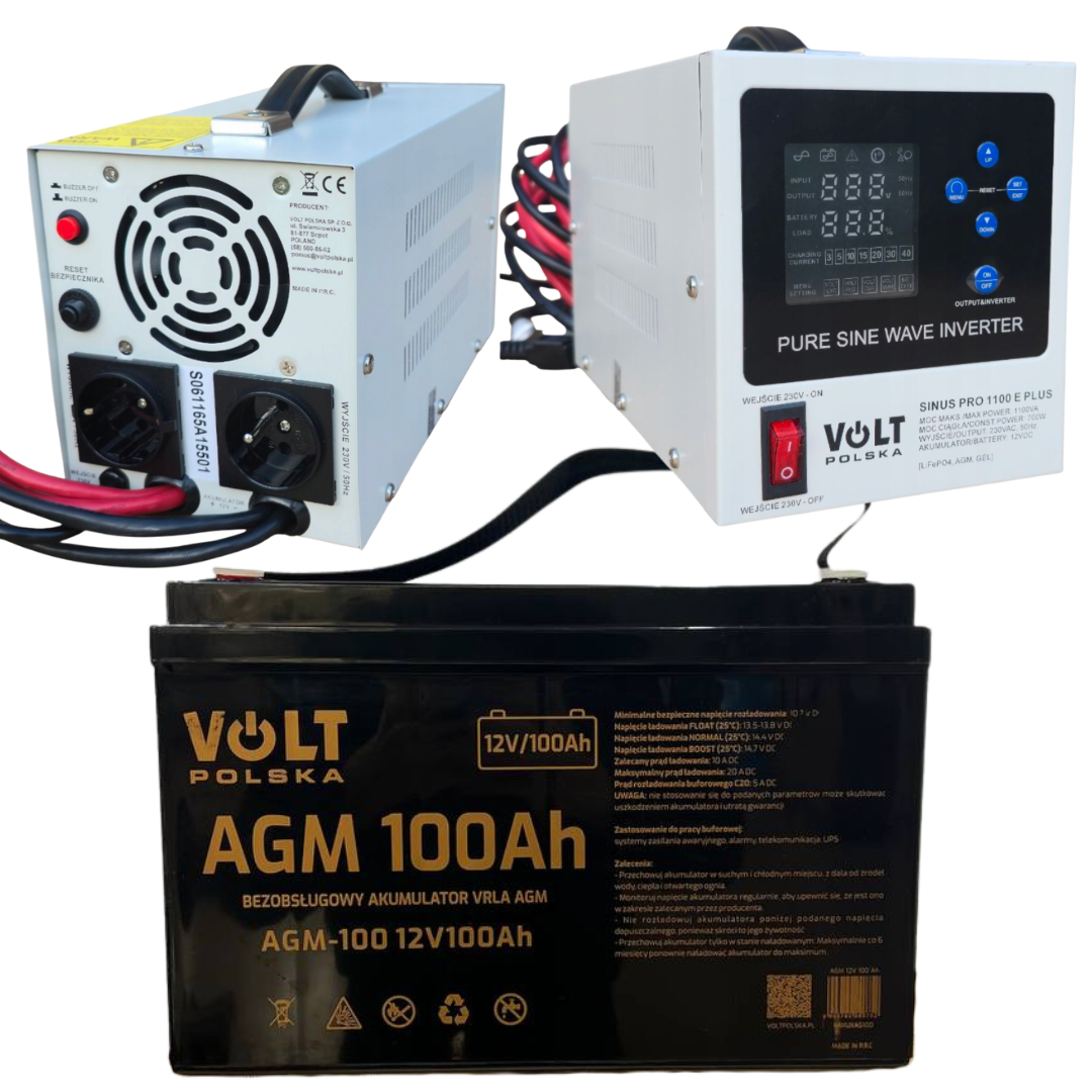Комплект аварійний Volt Polska SINUS PRO 1100 E PLUS 12/230V 800/1200 + Акумулятор AGM 12V 100 Ah, фото 1
