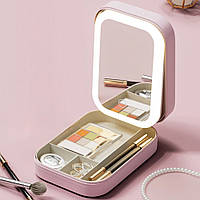 Дорожня косметичка з дзеркалом та підсвічуванням 20,5х14x5,5см, Рожева / Органайзер для косметики / Косметичка-органайзер
