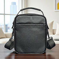 Шкіряна чоловіча сумка через плече чорна на два відділення з натуральної шкіри 17×21 см