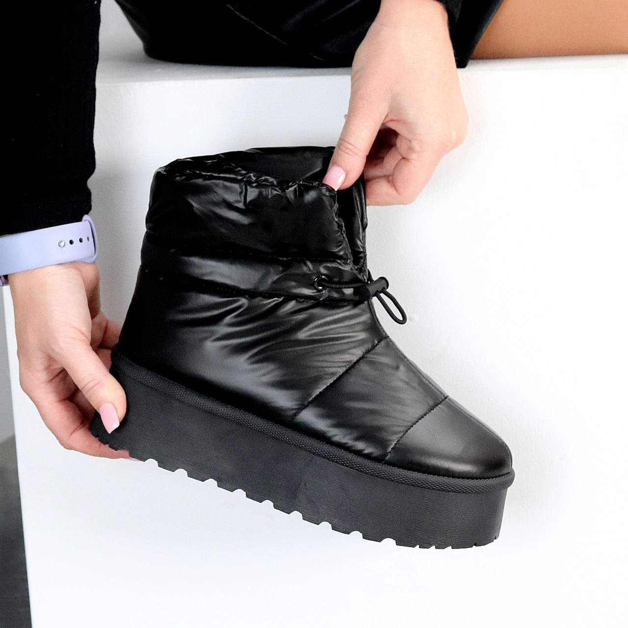 Молоді зимові чорні дутики з фіксатором на платформі, фото 1