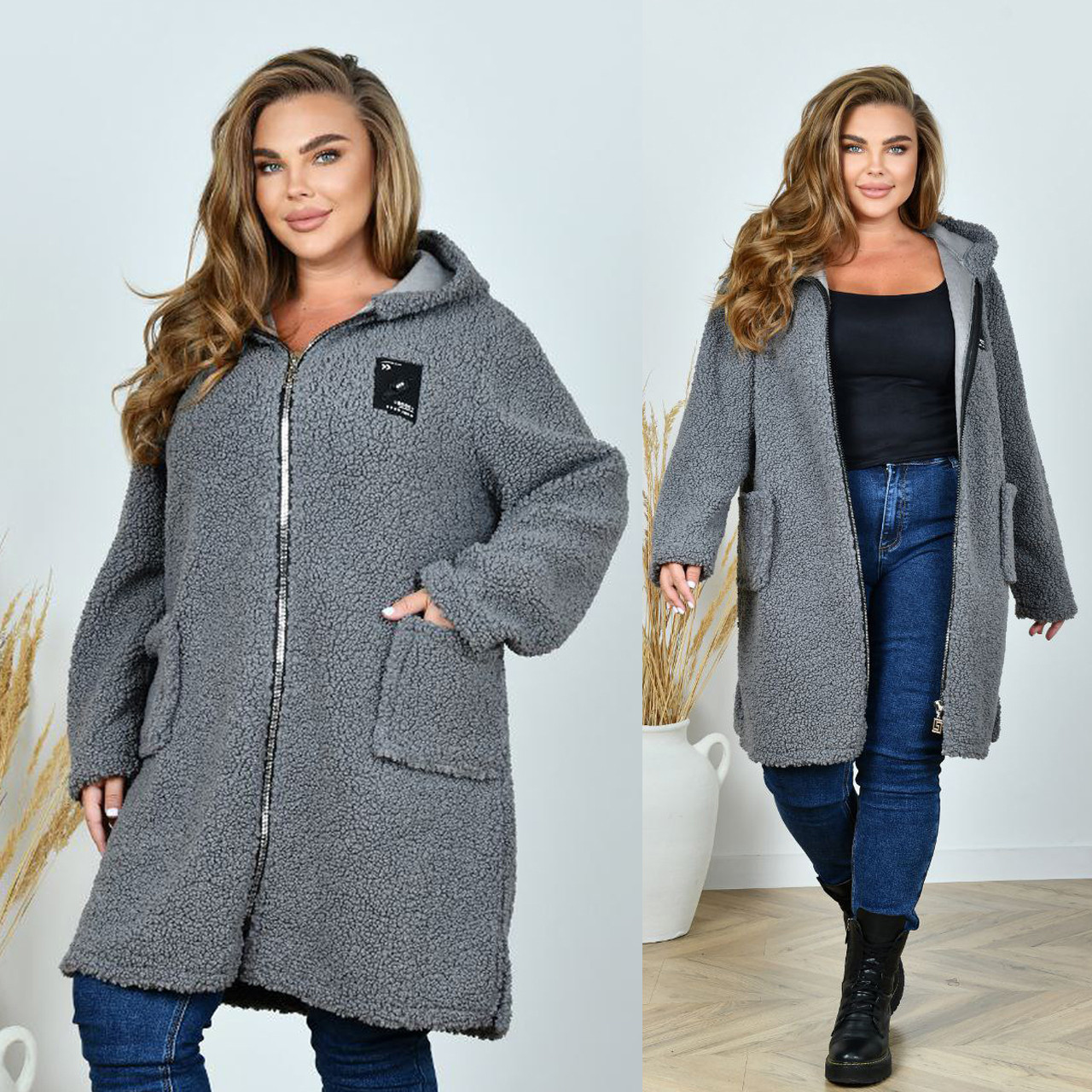 Жіночий вільний кардиган баранчик на блискавці (р.52,54,56,58) батал, фото 1