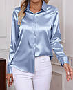 Жіноча атласна сорочка блакитна базова шовкова блузка з довгим рукавом, фото 2