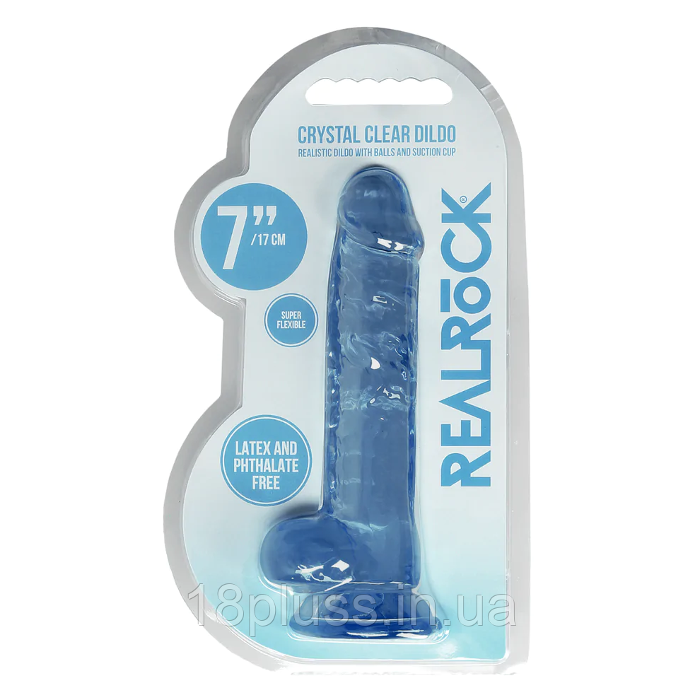 Прозорий фалоімітатор на присосці Shots Realrock Crystal Clear Dildo 7" Blue, фото 1