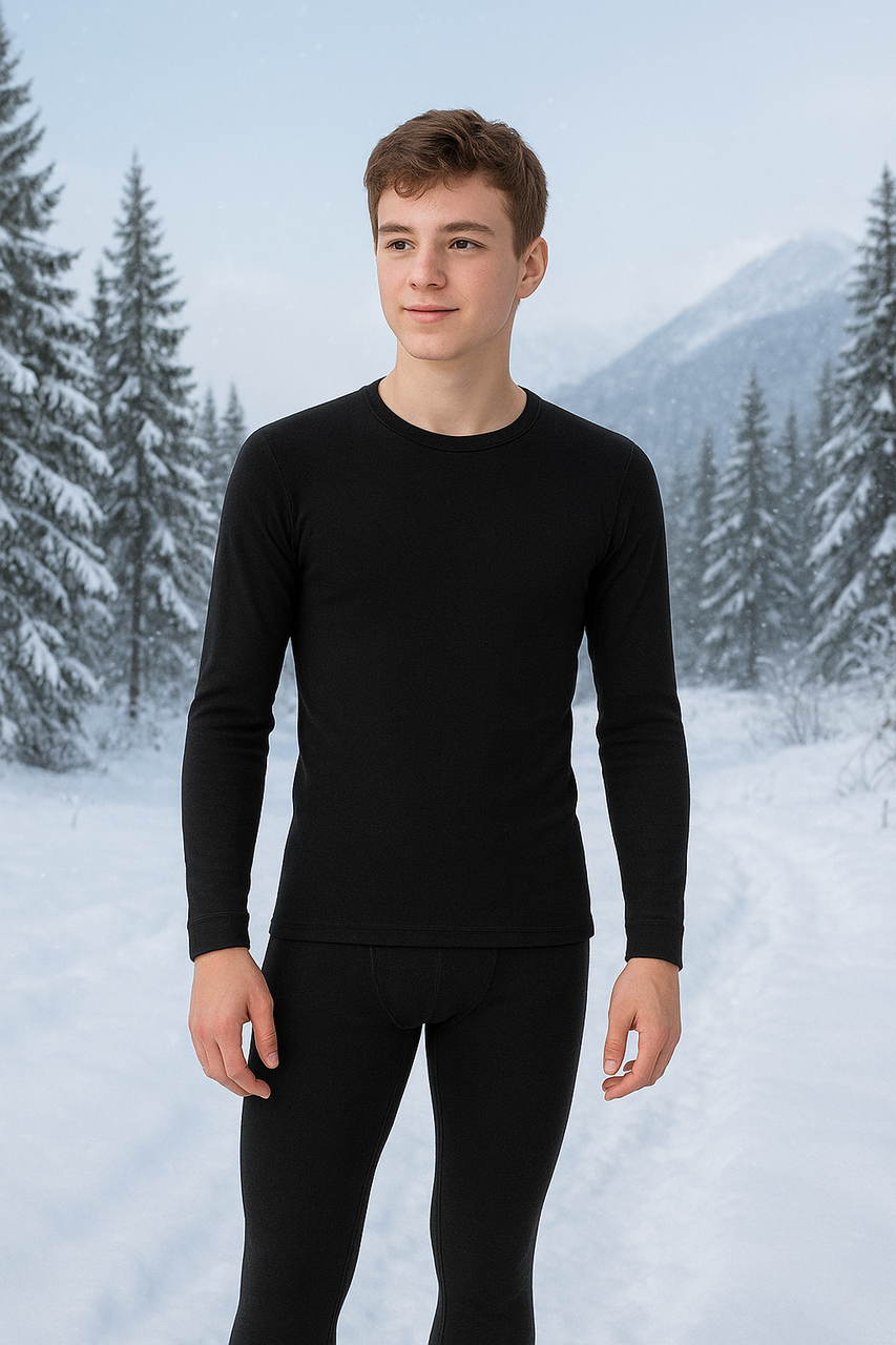 Комплект підліткової термобілизни Чорний розмір М | Термобілизна підліткова спортивна тепла (лонгслів + штани), фото 1