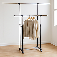 Стійка для одягу металева для підлоги подвійна 8006 (Телескопічна вішалка з колесами)