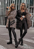 Двостороння подовжена жіноча куртка плащівка, силікон 200 зима чорний+лео, шоколад+лео 42-52