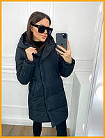 Жінка зимова куртка стьобана з капюшоном на синтепоні зручні кишені подовжена чорний пудровий мокко 42-48