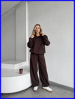 Жіночий спортивний костюм теплий трикотажний флісовий оверсайз худі широкі штани з фіксаторами чорний коричневий 42-48
