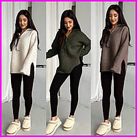 Женский костюм свитер полузип и лосины ангора рубчик на флисе осень зима свободный крой 6 цветов 42-52