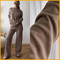 Жіночий спортивний стиль костюм ангора рубчик теплий худі з капюшоном широкі штани молочний 42-52