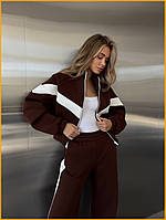 Жіночий спортивний костюм теплий демісезонний з трикотажу укорочений бомбер на блискавці прямі штани чорний шоколад бордо 42-46