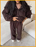 Жіночий спортивний костюм на флісі зимовий теплий подвійний капюшон вільний силует кнопки кенгуру молочний шоколад чорний 42-46