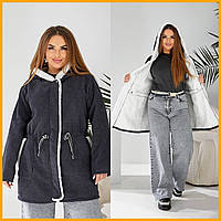Жіноча тепла куртка парка вельвет мех підкладка на блискавці з капюшоном повсякденна осінь зима графіт 48-58