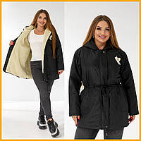 Жіноча парка осінь зима на хутрі водовідштовхувальна з капюшоном з куліскою чорна синя шоколад 48-58