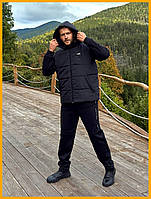 Чоловічий теплий костюм для прогулянок трьохнитка на флісі стьоганий жилет капюшон зручний стильний осінь зима чорний синій сірий