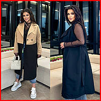 Женский тренчкот двойка жилет и короткая куртка двубортный миди без капюшона с поясом черный бежевый 48-58