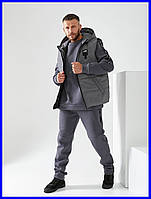 Чоловічий теплий костюм спортивний три в одному світшот штани жилет капюшон осінь зима чорний сірий темно-синій 48-58