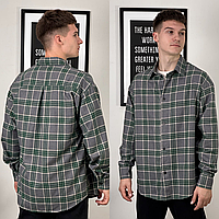 Чоловіча сорочка з манжетами на ґудзиках у клітинку вільна з довгим рукавом весна осінь для повсякденного носіння Pobedov зелена