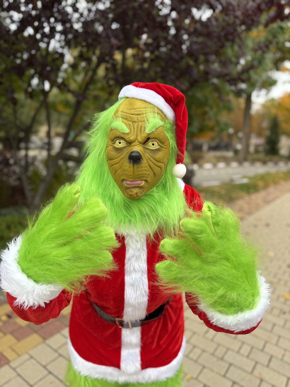 Маска Грінча з шапкою та перчатками— реалістична, новорічна, з хутром, для костюма, карнавальна маска, фото 1