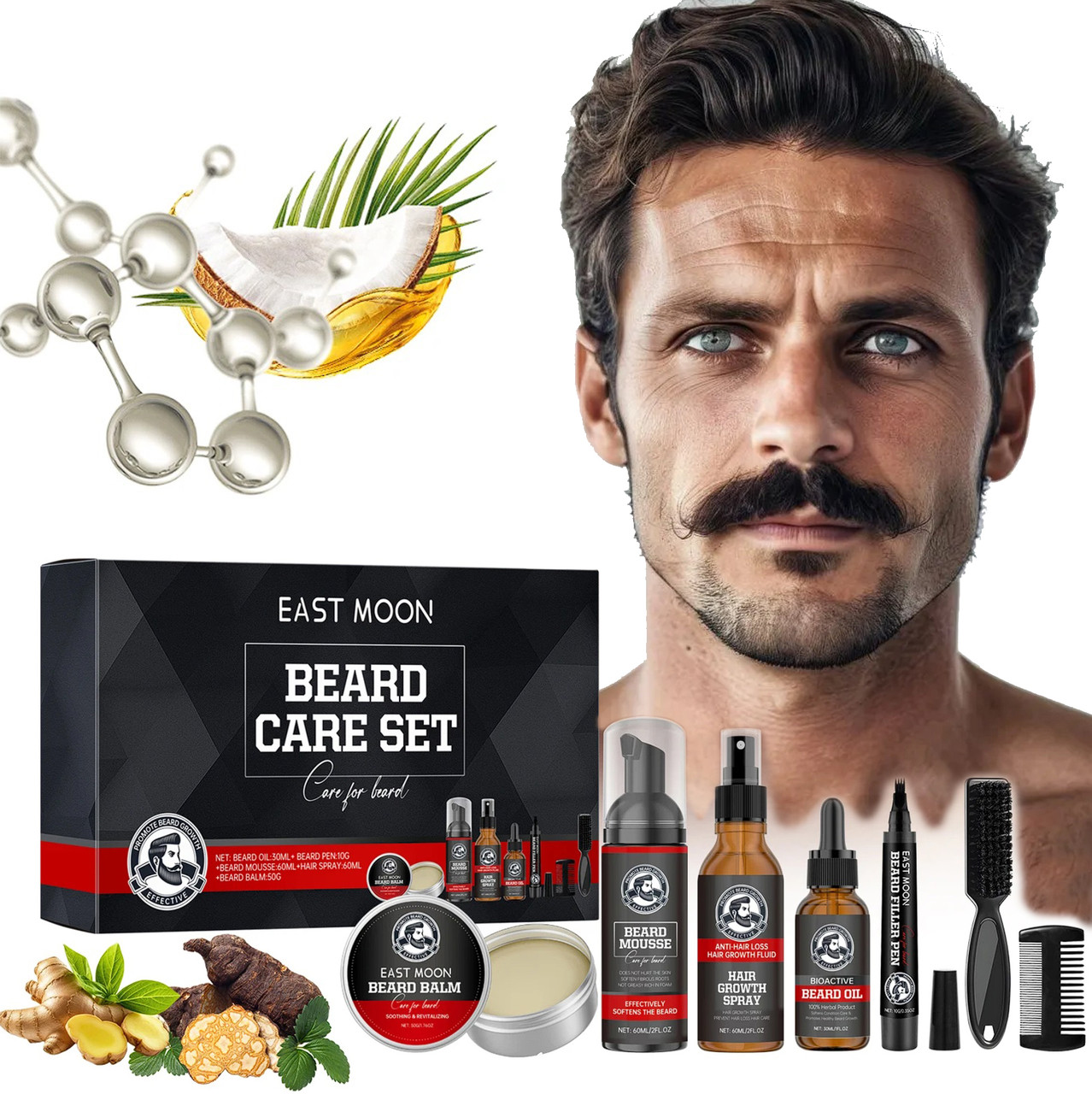 Набір для догляду та зростання бороди 7 в 1 East Moon Олія, мус, бальзам, спрей, олівець для заповнення бороди, фото 1