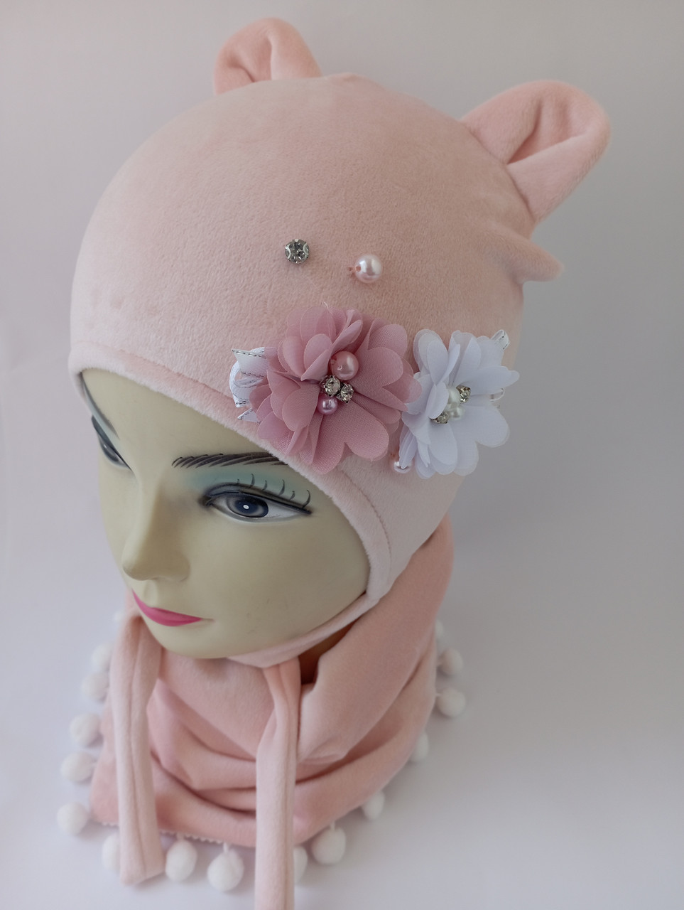 Демісезонний головний комплект шапка та хомут для дівчинки розмір 46-48, фото 1