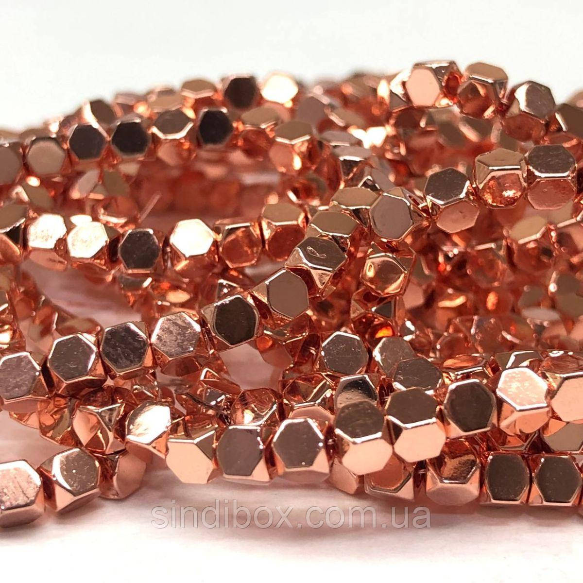 Намистини Гематит шестигранник 3х3 мм, (130 шт) - колір Рожеве золото, фото 1