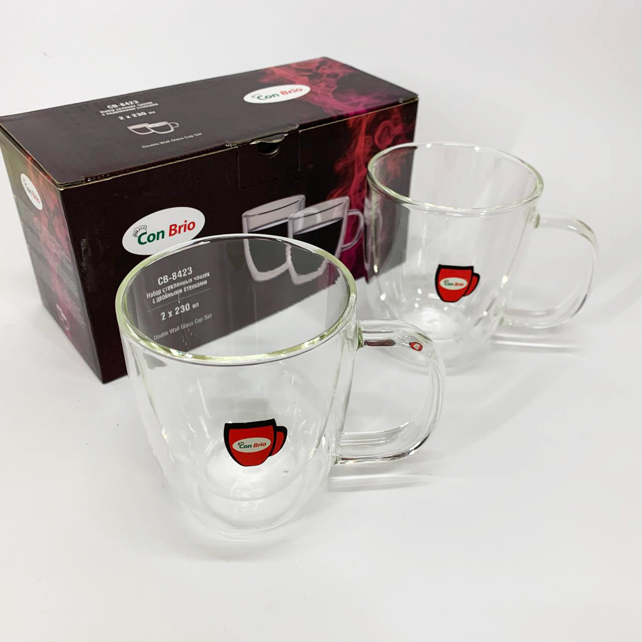 Набір скляних чашок з подвійними стінками Con Brio CB-8423-2, 2шт, 230мл, Прозорі чашки, фото 1