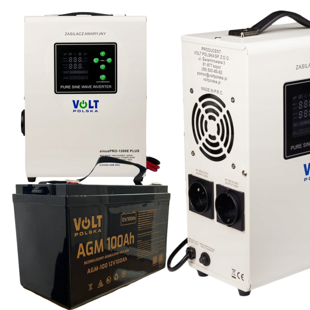 Комплект Volt Polska SINUS PRO 1200 E PLUS 12/230V 800/1200 + Акумулятор AGM 12V 100 Ah, фото 1