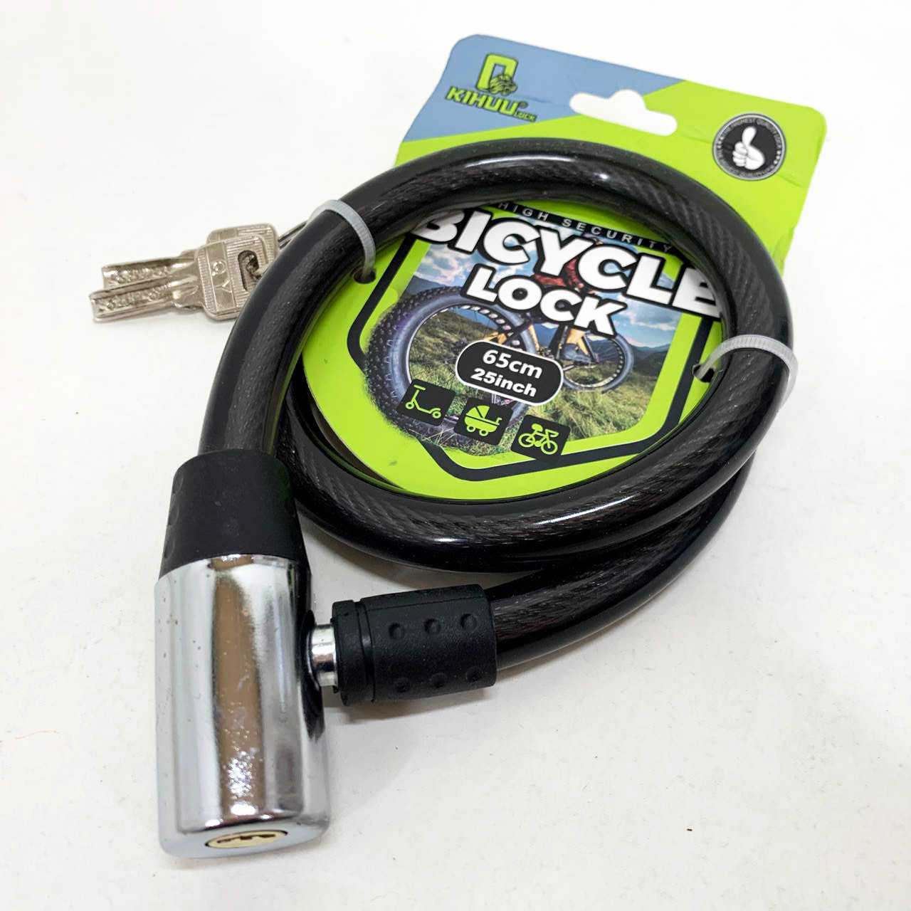 Замок велосипедний KIHUU LOCK 185, 15*65 тросовий, 2 ключі. Колір: чорний NY-76, фото 1