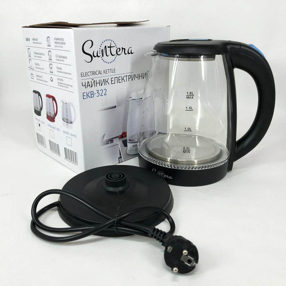Тихий побутовий чайник Suntera EKB-322B 1500 Вт 1.8 Л, Чайник скляний з підсвічуванням CE-39, фото 1