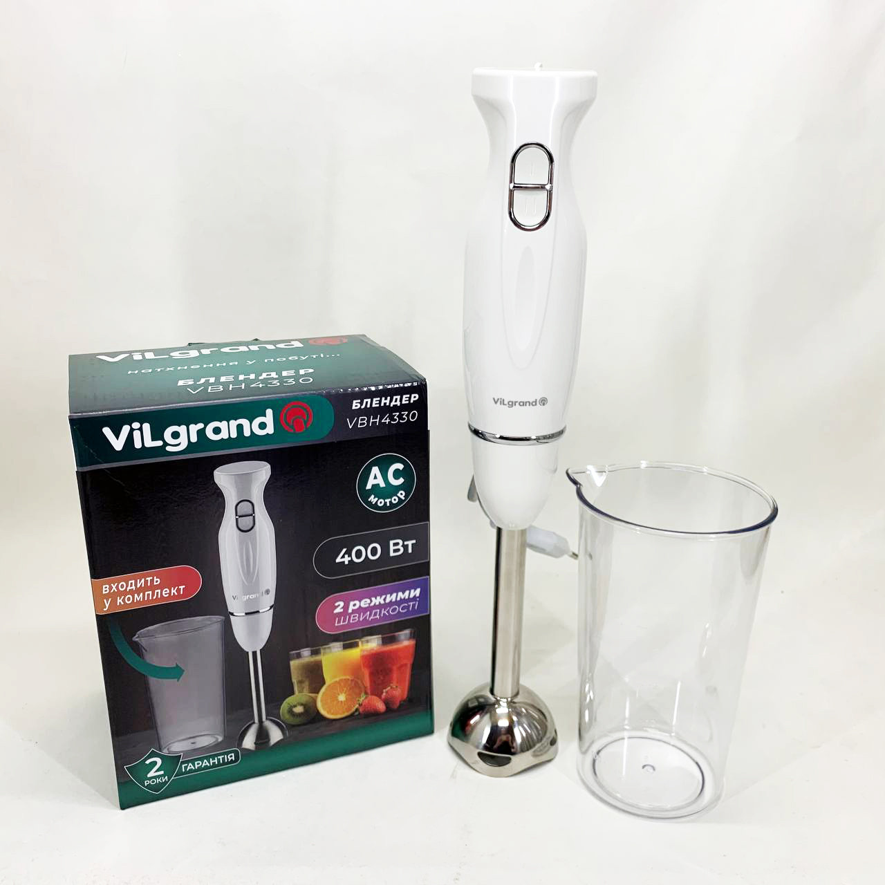 Ергономічний блендер для кухні ViLgrand VBH4330 400 Вт, Кухонний міксер з металевою чашею EU-90, фото 1