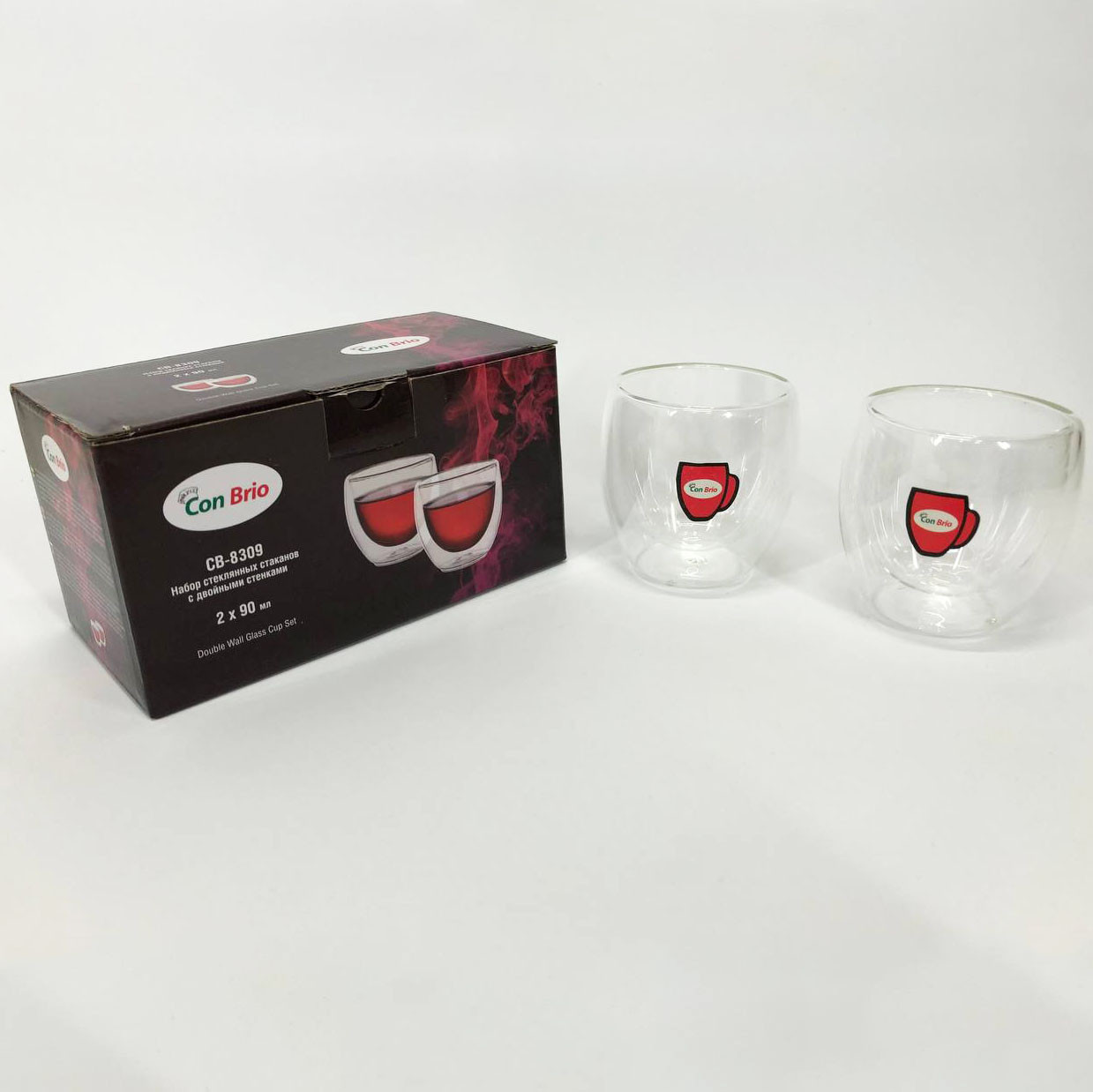 Чашка з подвійними стінками подвійним дном Con Brio CB-8309-2 90 мл 2 шт, Чашки скляні з подвійним дном OT-70, фото 1