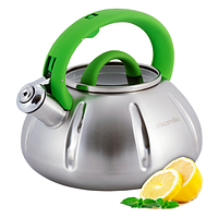Чайник 3л із нержавіючої сталі зі свистком і скляною кришкою (ручки: зелена, синя, дерево) KAMILLE 0
