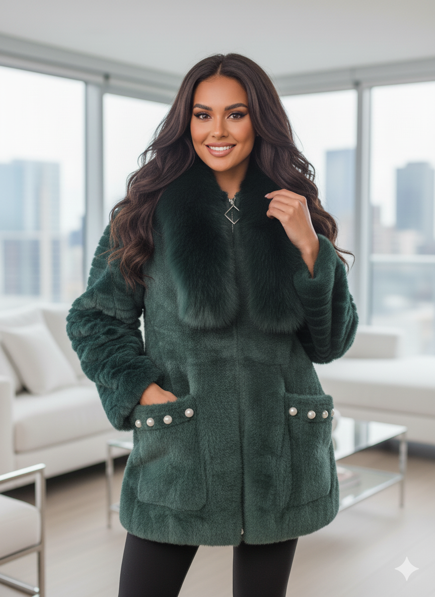 💚 Хіт сезону! Тепла кофта/кардиган з еко-хутра з перлинами. Смарагдовий колір., фото 1