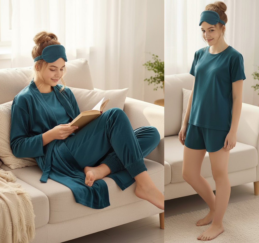 Підлітковий домашній комплект 5 в 1, піжама та халат, велюровий комплект Смарагдовий, фото 1