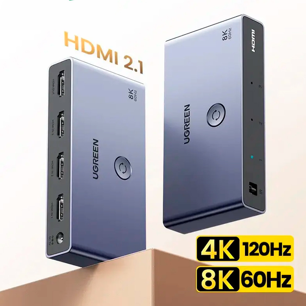 HDMI перемикач UGREEN CM624 8K 60Hz 4K 120Hz 3 входи в 1 вихід з пультом дистанційного керування, фото 1