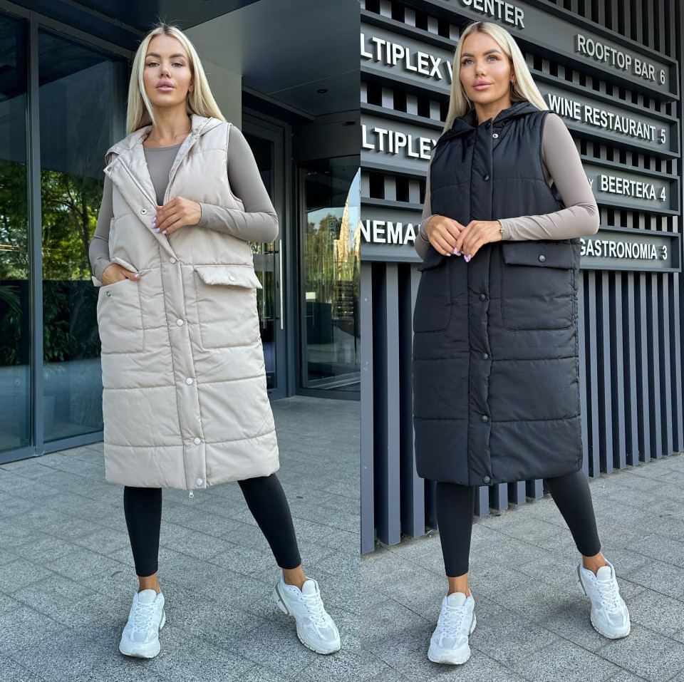 Жіноча тепла подовжена жилетка з плащівки Модель: 1452-346 Кольори: чорний, беж, фото 1