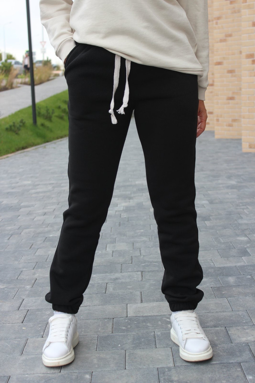 Жіночі теплі чорні спортивні штани тринитка на байці, фото 1