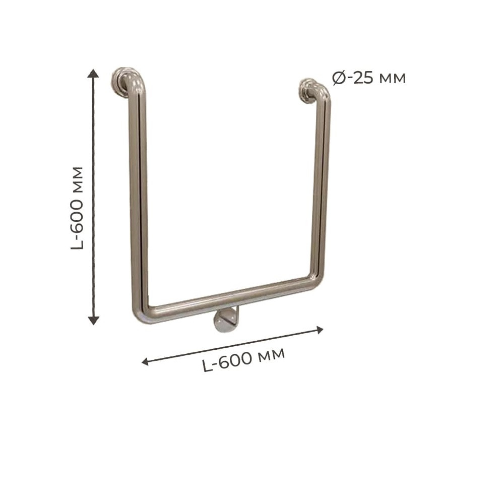 Поручень для людей з інвалідністю (МГН) настінний INVO П-подібний, розмір 600х600 мм, D труби - 25 м, фото 1