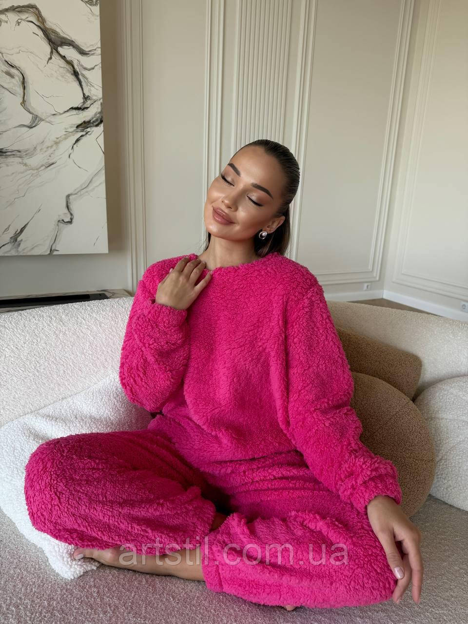 Тепла махрова піжама Teddy малинового кольору, пухнастий домашній костюм, фото 1
