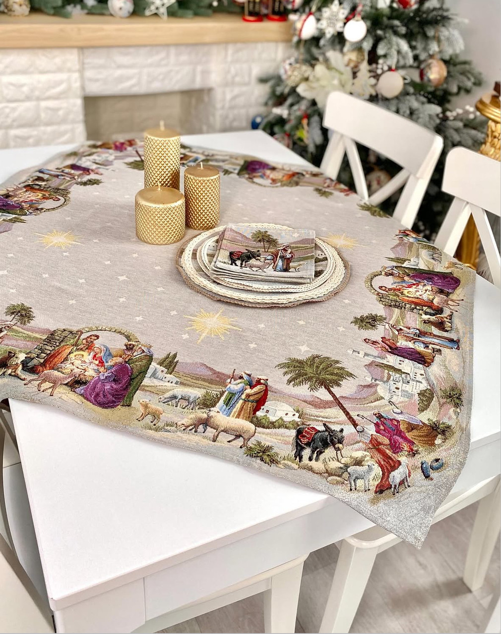 Скатертина Новорічна "Вифлеємське диво" 97х100 см. гобеленова, золотий люрекс, фото 1