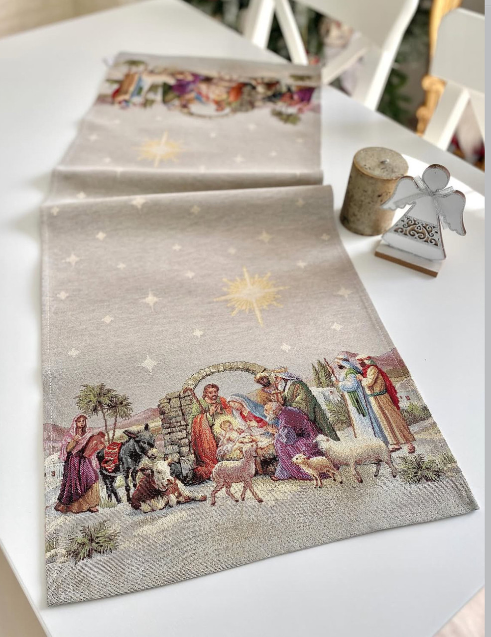 Доріжка на стіл Новорічна "Вифлеємське диво" 45x140 см., гобелен золотий люрекс, фото 1